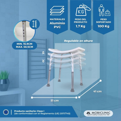 Sedia da doccia | Alluminio | Regolabile in altezza | Puntali antiscivolo | San Fermín